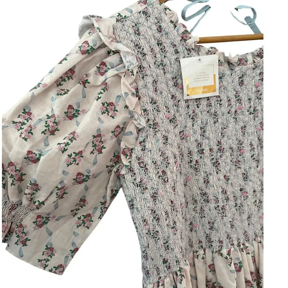 Dondolo x LoveShackFancy Rose Garden Smocked Short Dress Cream Size XXL - Picture 10 of 13